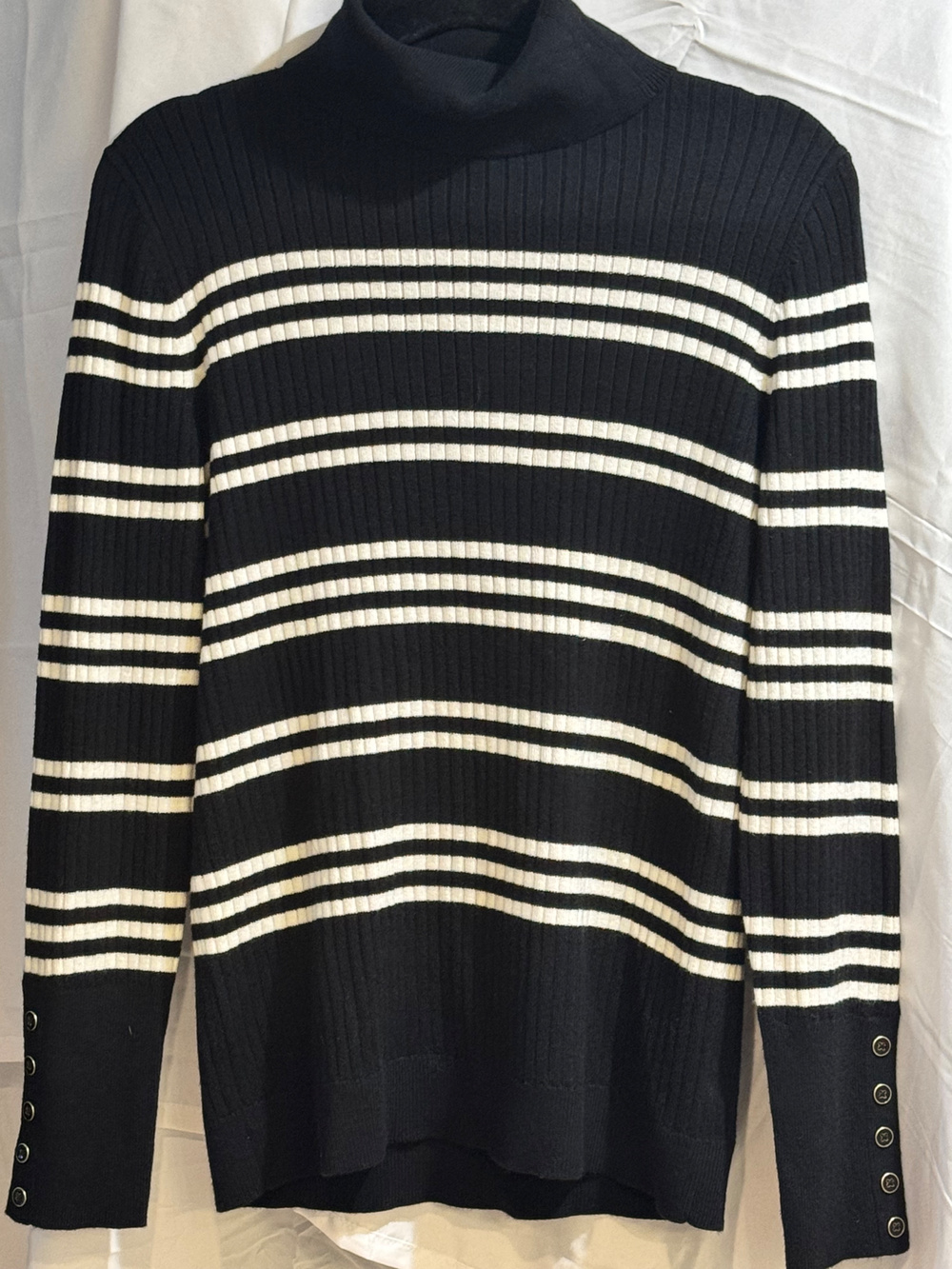 Talbots Ribbed Turtleneck Sweater Black White Striped Button Cuff Size M